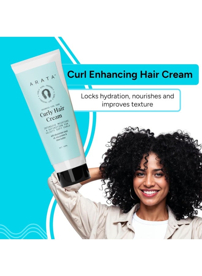 أراتا Arata Curl Cream For Curly, Frizzy & Dry Hair | Moisturises & Hydrates Curls | Reduces Frizz| Derma Tested | Soy Protein & Shea Butter | 50g - Image 2