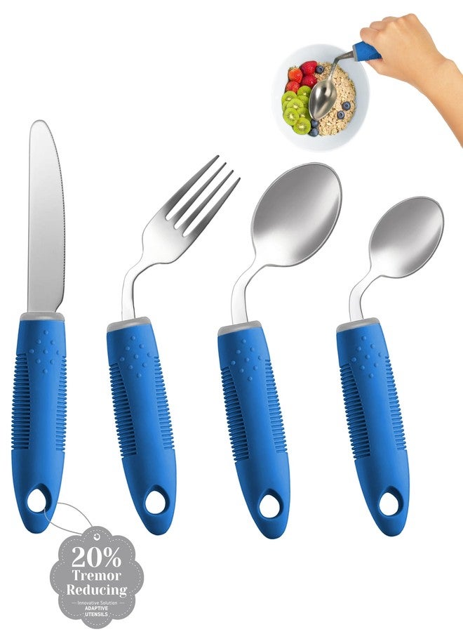 BaseSmall 4-Piece Adaptive Utensils Set - 42°Angled Parkinsons Utensils, Weighted Utensils for Tremors and Parkinsons Patients, Blue (Left-Handed) - Image 1