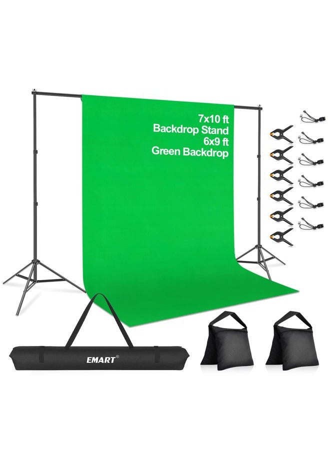 EMART مجموعة حامل خلفية الشاشة الخضراء 7 × 10 قدم لاستوديو التصوير والفيديو، نظام دعم خلفية التصوير مع ستارة موسلين قطنية 100% بحجم 6 × 9 قدم - Image 1