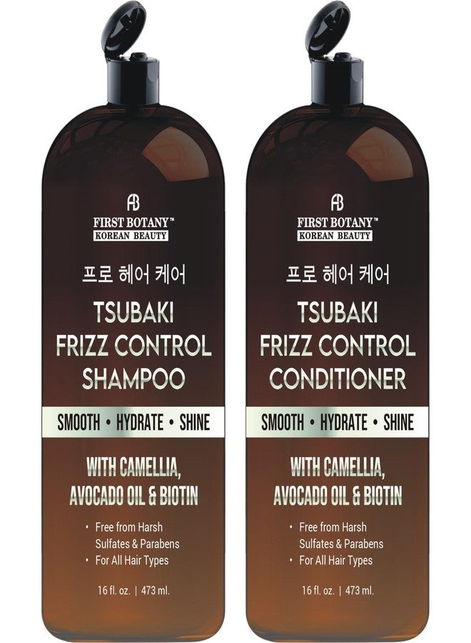 فرست بوتاني مجموعة شامبو وبلسم تسوباكي الكورية للتحكم في تجعد الشعر - منتجات تسوباكي المضادة للتجعد لشعر ناعم بنتائج تضاهي صالونات التجميل - خالٍ من الكبريتات، مرطب ومنعم لجميع أنواع الشعر - 16 أونصة سائلة - Image 1