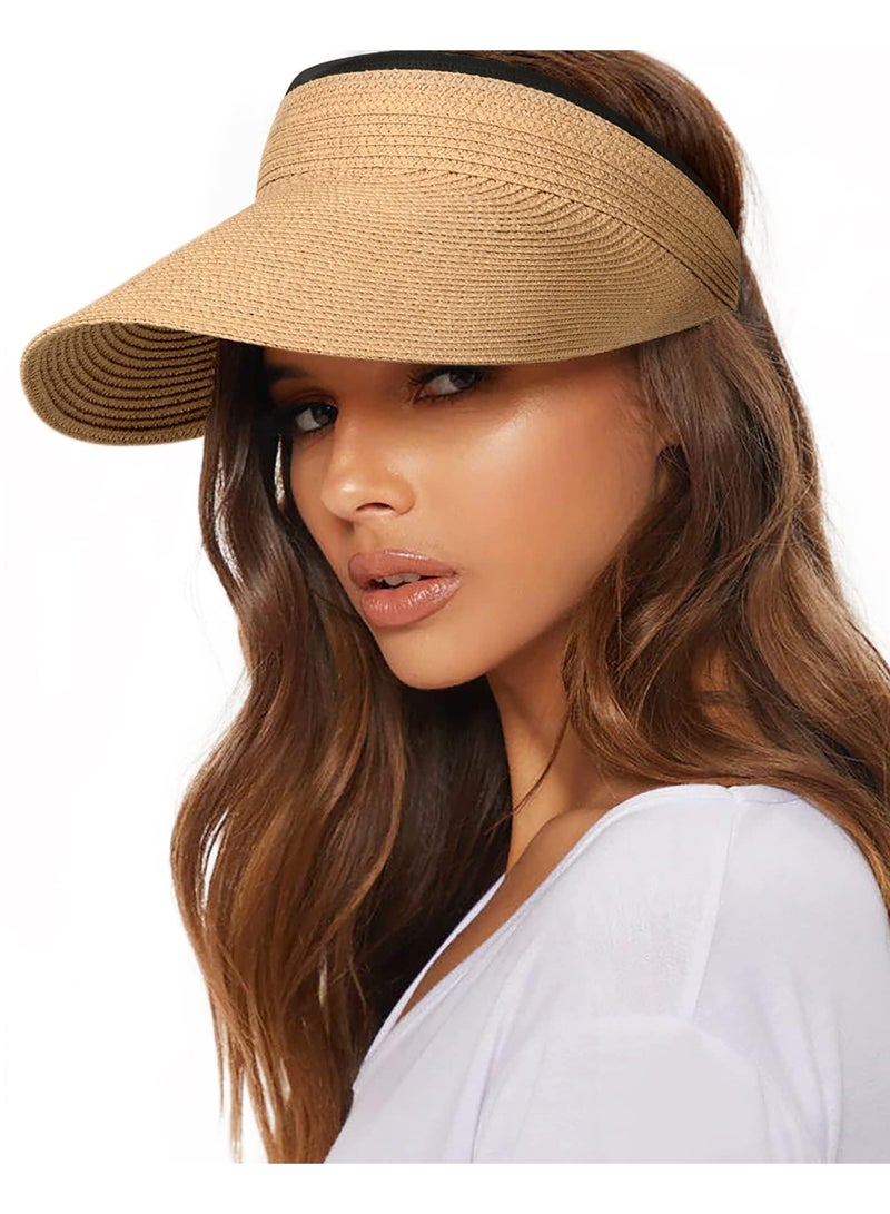 Women's Straw Sun Visor Hat, Khaki, One Size - Image 1