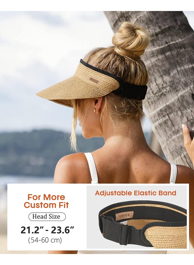 Women's Straw Sun Visor Hat, Khaki, One Size - Image 2