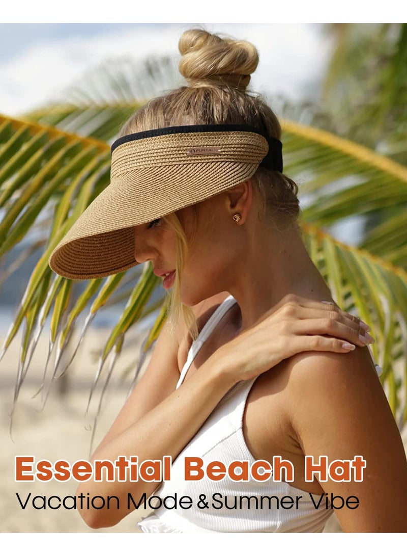 Women's Straw Sun Visor Hat, Khaki, One Size - Image 4