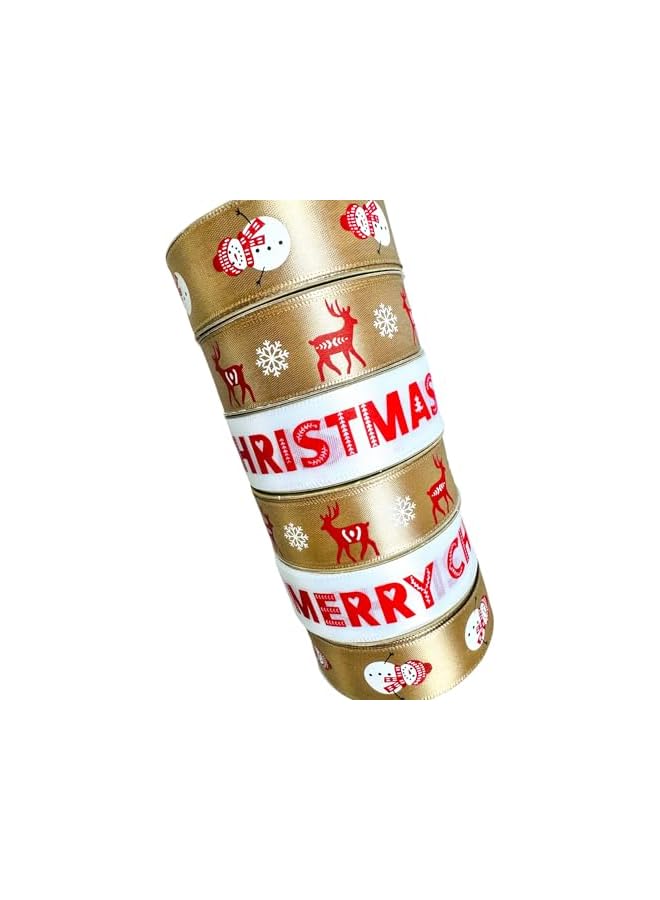 The Bros طقم شرائط تغليف هدايا عيد الميلاد مكون من 6 – شرائط عيد الميلاد الذهبية والبيضاء المزينة برجل الثلج، وغزال الرنة، وتصاميم عيد ميلاد سعيد – مثالي لتغليف الهدايا، وزينة شجرة عيد الميلاد - Image 4