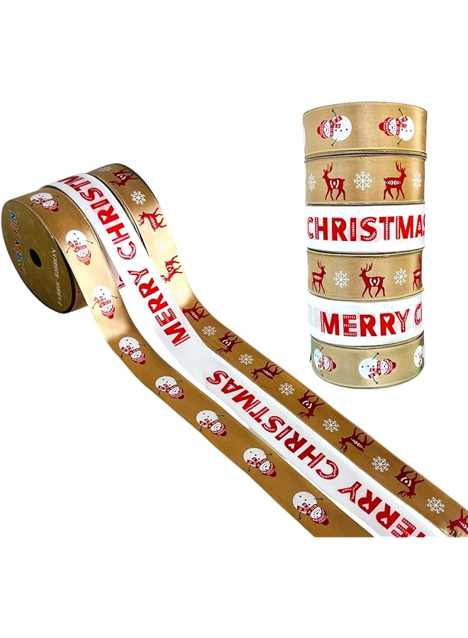 The Bros طقم شرائط تغليف هدايا عيد الميلاد مكون من 6 – شرائط عيد الميلاد الذهبية والبيضاء المزينة برجل الثلج، وغزال الرنة، وتصاميم عيد ميلاد سعيد – مثالي لتغليف الهدايا، وزينة شجرة عيد الميلاد - Image 1