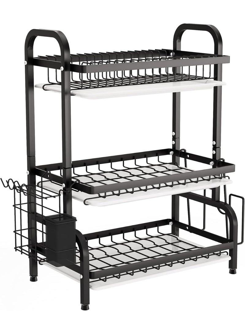 رف تجفيف، رف اطباق معدني بسعة كبيرة من 3 طبقات مع حامل اواني وحامل لوح تقطيع، صينية لوح تصريف للتخزين على طاولة المطبخ (اسود) - Image 1