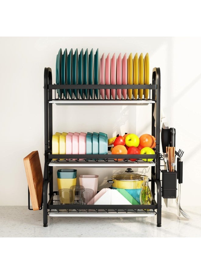 رف تجفيف، رف اطباق معدني بسعة كبيرة من 3 طبقات مع حامل اواني وحامل لوح تقطيع، صينية لوح تصريف للتخزين على طاولة المطبخ (اسود) - Image 2