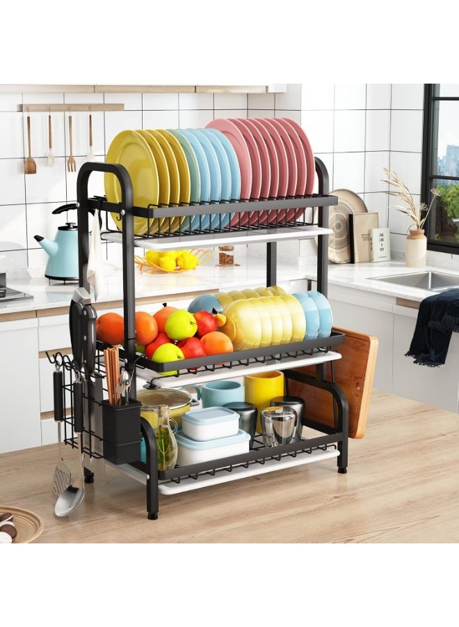 رف تجفيف، رف اطباق معدني بسعة كبيرة من 3 طبقات مع حامل اواني وحامل لوح تقطيع، صينية لوح تصريف للتخزين على طاولة المطبخ (اسود) - Image 3