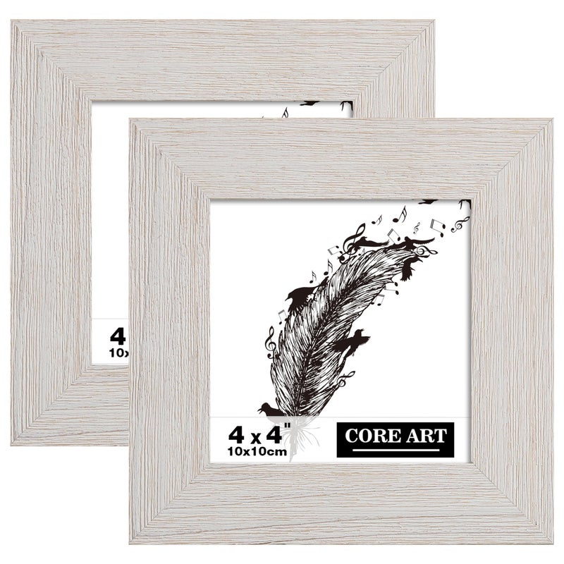 CORE ART 4x4 Picture Frame Handmade Wood Rustic White Photo Frame Set of 2 High Definition Semitempered Glass Wall or Tabletop Display
