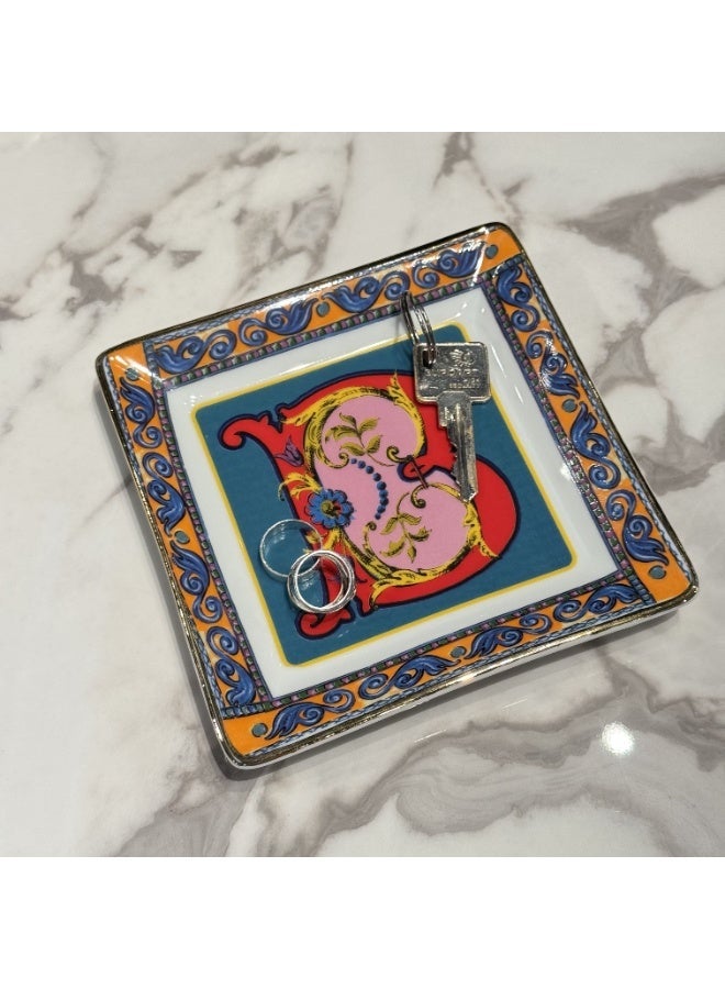Baci milano Porcelain Jewelry Tray (15x15cm), Ortigia Alphabet Tabletop Art, Elegant Trinket Dish & Personalized Gift Tray for Women, Aesthetic Jewellery Organizer for Vanity or Home Decor (Letter B) - Image 1