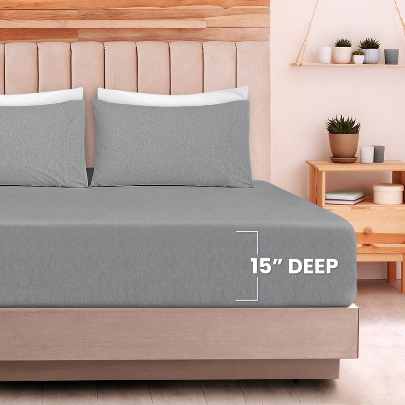Utopia Bedding Utopia Bedding King Sheet Set - Jersey Knit Sheets 4 Piece- Cotton Jersey Sheets - Soft T-Shirt Stretchy Sheets (Heather Light Grey)  - Image 4