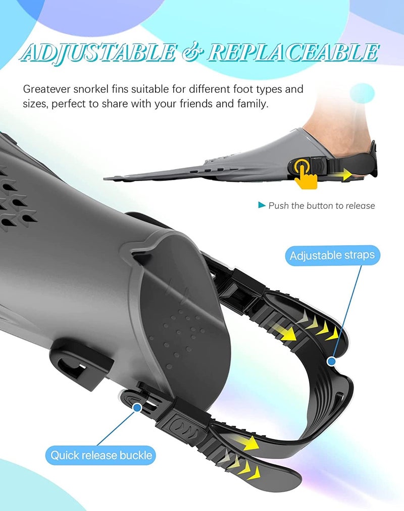Greatever Snorkel Fins Adjustable Buckles Open Heel Swim Flippers Travel Size Short Swim Fins for Snorkeling Diving Swimming Adult Men Womens - Image 2