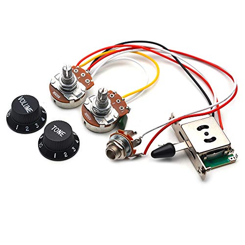 SAPHUE Guitar Wiring Harness Set Prewired 500K Big Pots 5 Way Switch Wiring Harness Kit with 6.35 Output/Black Knobs for Electric Guitar - Image 1