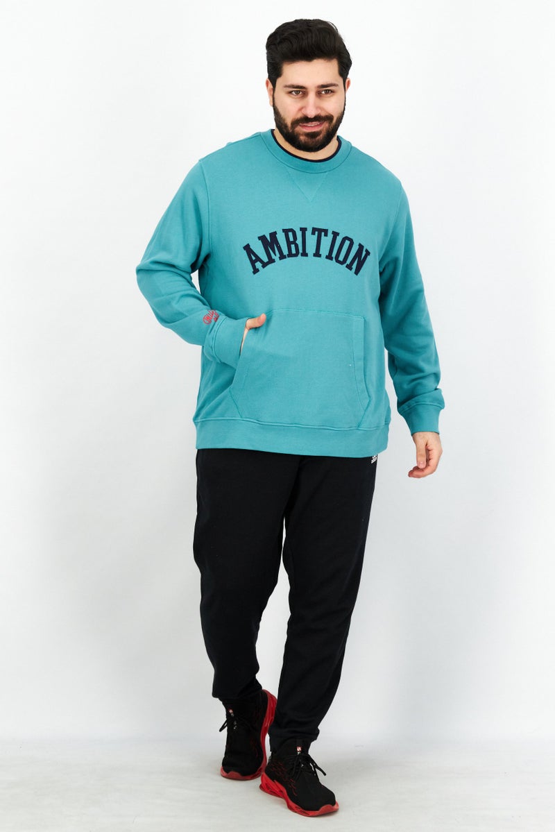 KA-1 Men Crew Neck Patched Long Sleeve Sweatshirt, Aqua - Image 4