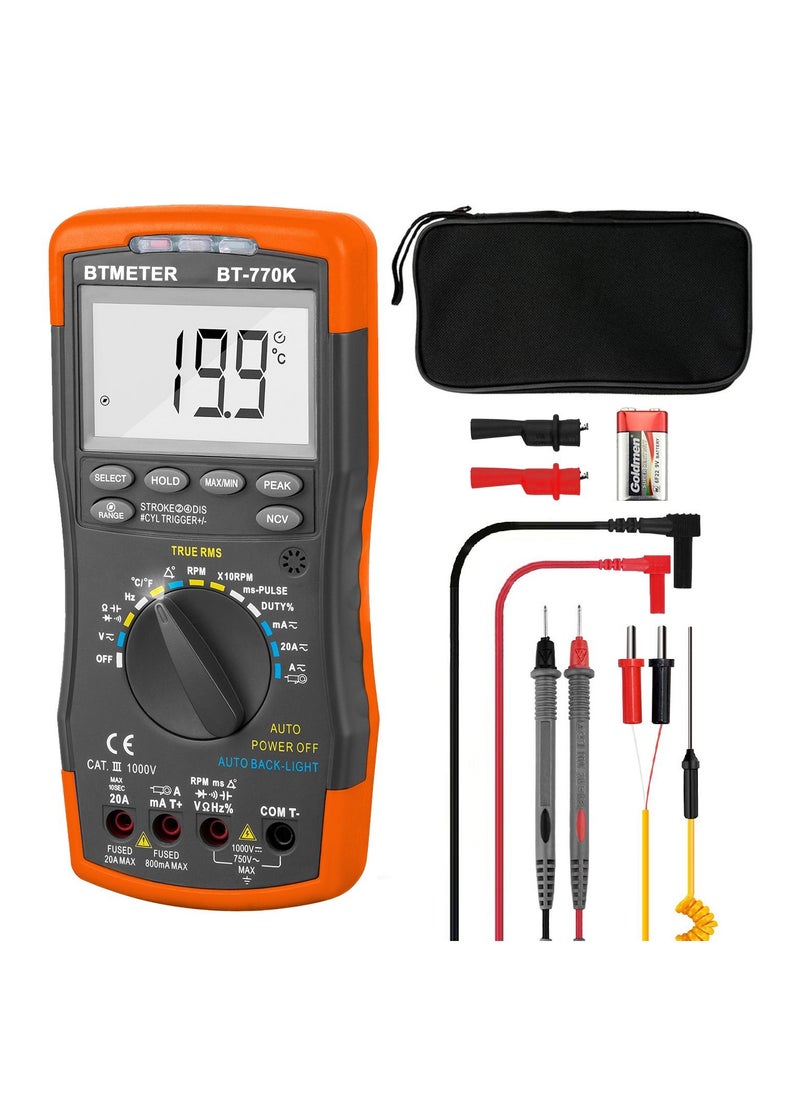 BTMETER Auto Ranging Automotive Multimeter for Dwell Angle Pulse Width Tach Temperature Duty Cycle Voltage Current Resistance Test Black/Orange  - Image 1