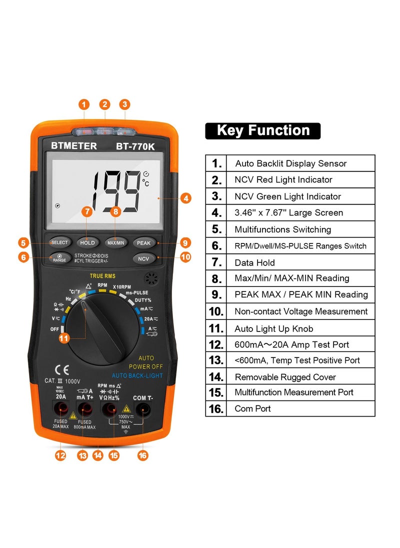 BTMETER Auto Ranging Automotive Multimeter for Dwell Angle Pulse Width Tach Temperature Duty Cycle Voltage Current Resistance Test Black/Orange  - Image 3