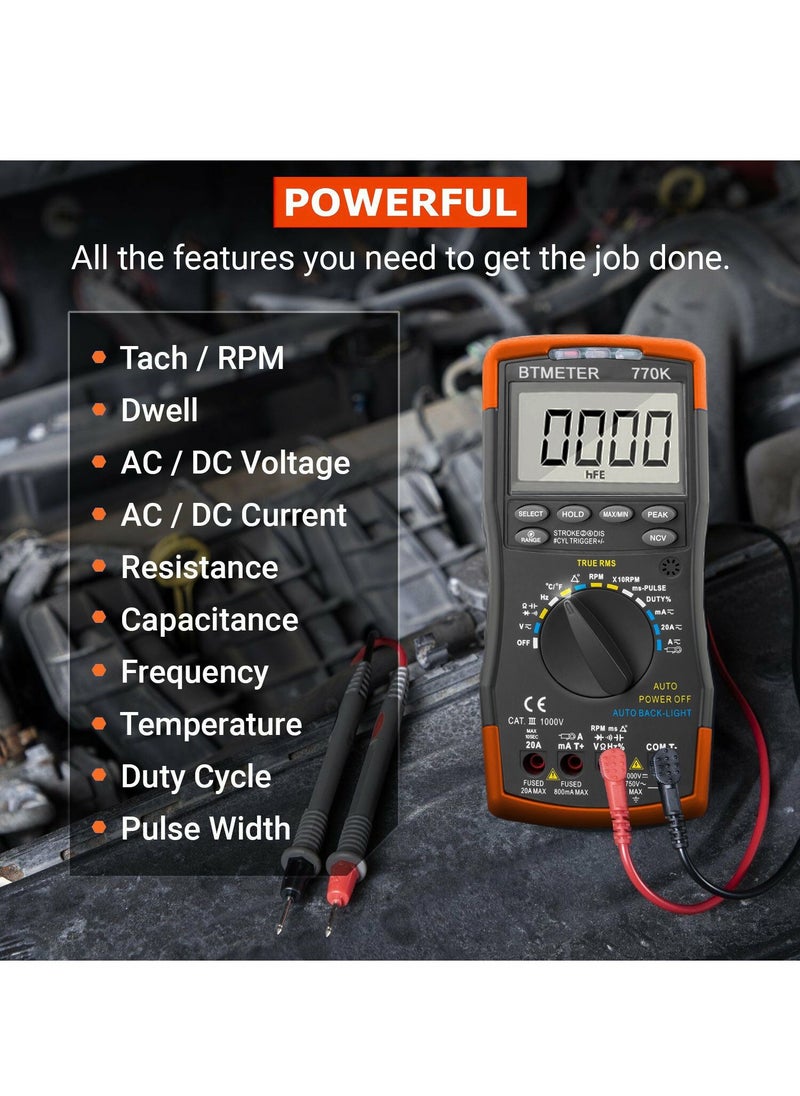 BTMETER Auto Ranging Automotive Multimeter for Dwell Angle Pulse Width Tach Temperature Duty Cycle Voltage Current Resistance Test Black/Orange  - Image 4