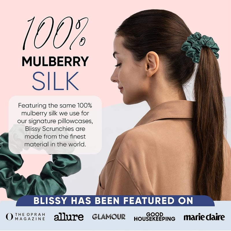 BLISSY Silk Scrunchies (3 Pack) - 100% Pure Mulberry Silk - 22 Momme 6A High-Grade Fibers - Silk Scrunchie for Straight & Curly Hair (Emerald, Skinny) - Image 5