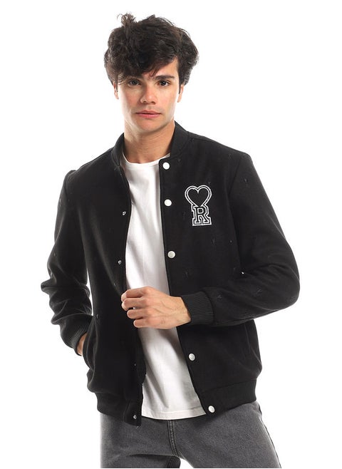 Love "R" Stitching Allover Full Black Baseball Jacket With Side Pockets