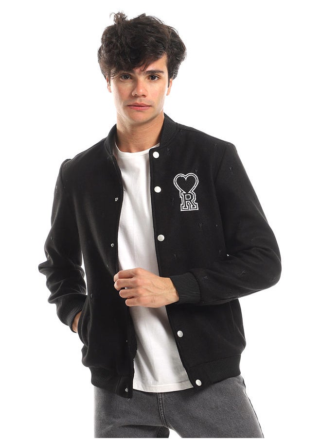 WHITE RABBIT - Love "R" Stitching Allover Full Black Baseball Jacket With Side Pockets - Image 1