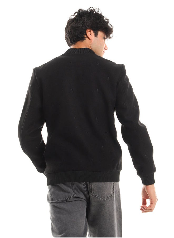 WHITE RABBIT - Love "R" Stitching Allover Full Black Baseball Jacket With Side Pockets - Image 1