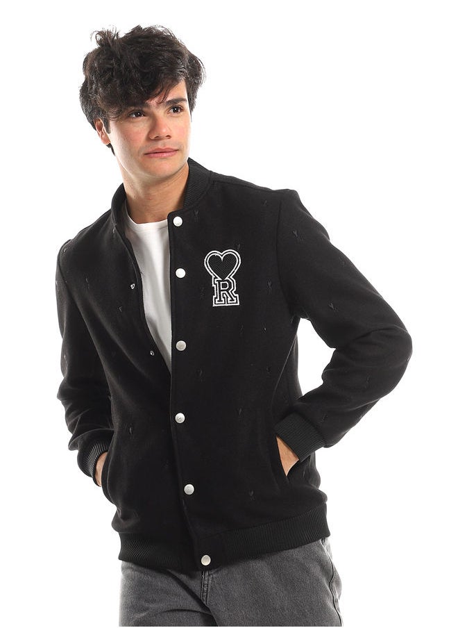 WHITE RABBIT - Love "R" Stitching Allover Full Black Baseball Jacket With Side Pockets - Image 1
