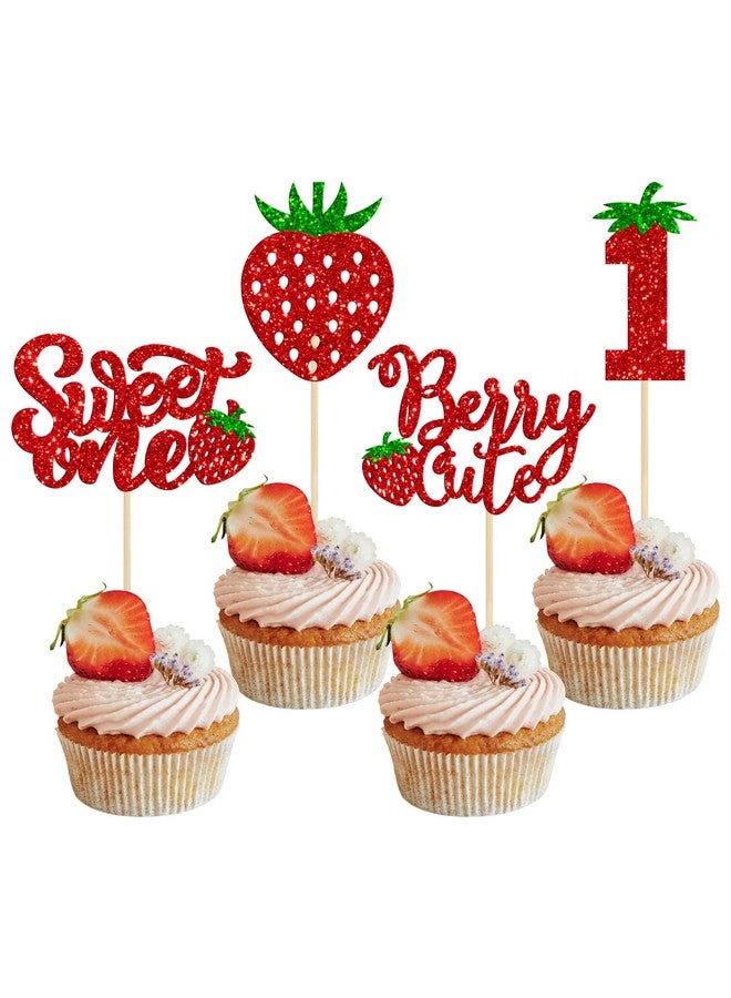 Ephlyn 24 قطعة من زينة الكب كيك اللامعة لعيد الميلاد الأول مع الفراولة لاحتفالات استحمام الأطفال وزينة الكب كيك الحلوة الحمراء لعيد الميلاد الأول - Image 1