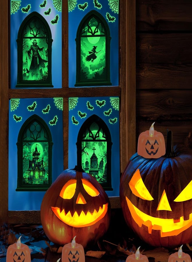 Robmoda Glow in The Dark Halloween Wall Stickers, Set of 4 Halloween Window Decals, Scary Vampire Witch Castle Tombstone Window Wall Sticker, All Saints' Day Bedroom Playroom Living Room Glass Decoration - Image 1