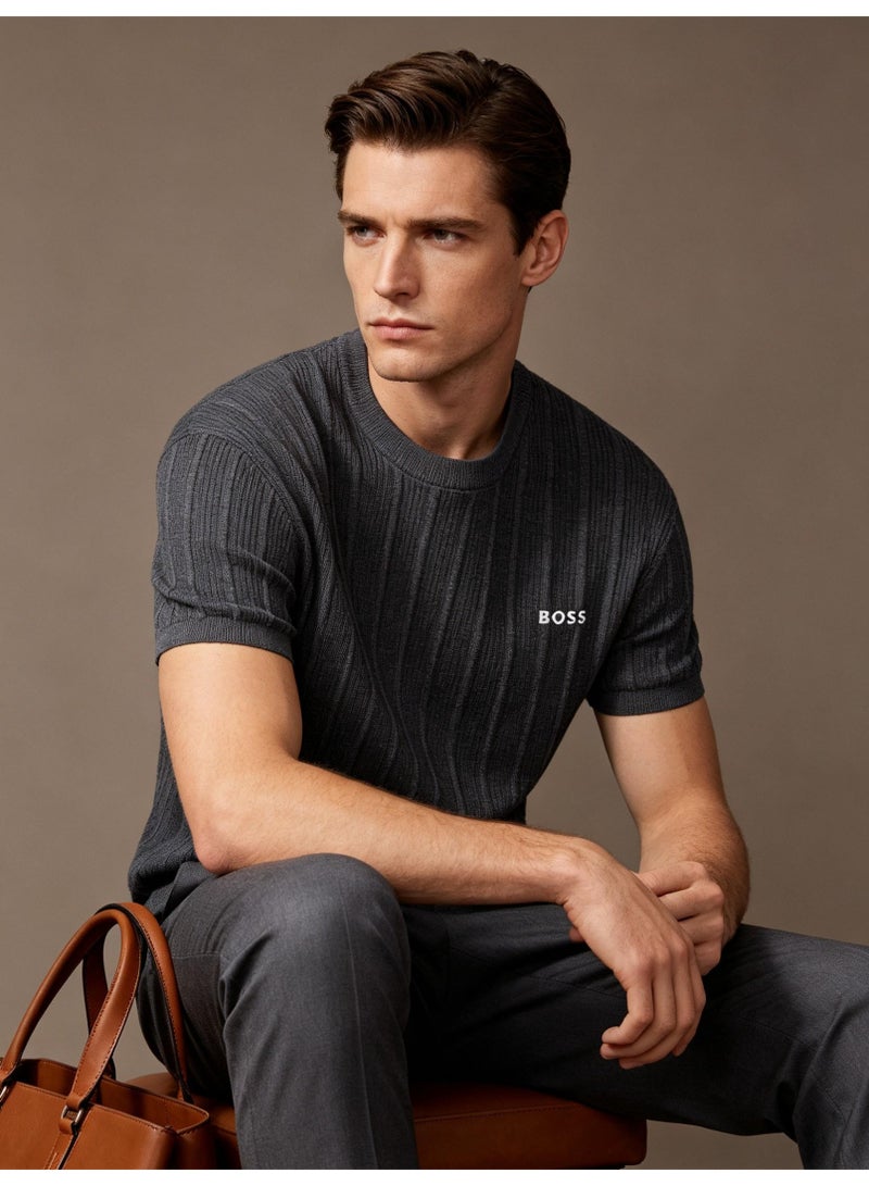 BOSS Unisex Short Sleeve Vertical Rib Knit Crew Neck T-Shirt, Dark Grey, Men's Women's Smart Casual Top - Image 3