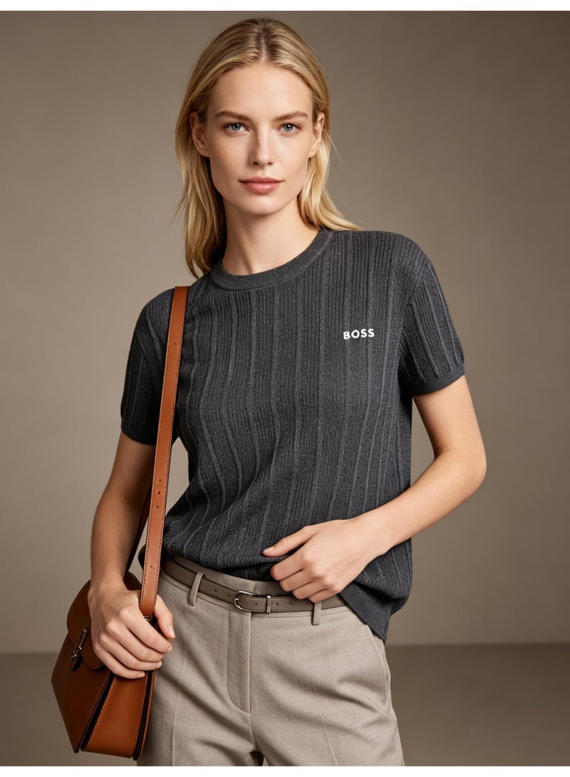 BOSS Unisex Short Sleeve Vertical Rib Knit Crew Neck T-Shirt, Dark Grey, Men's Women's Smart Casual Top - Image 2
