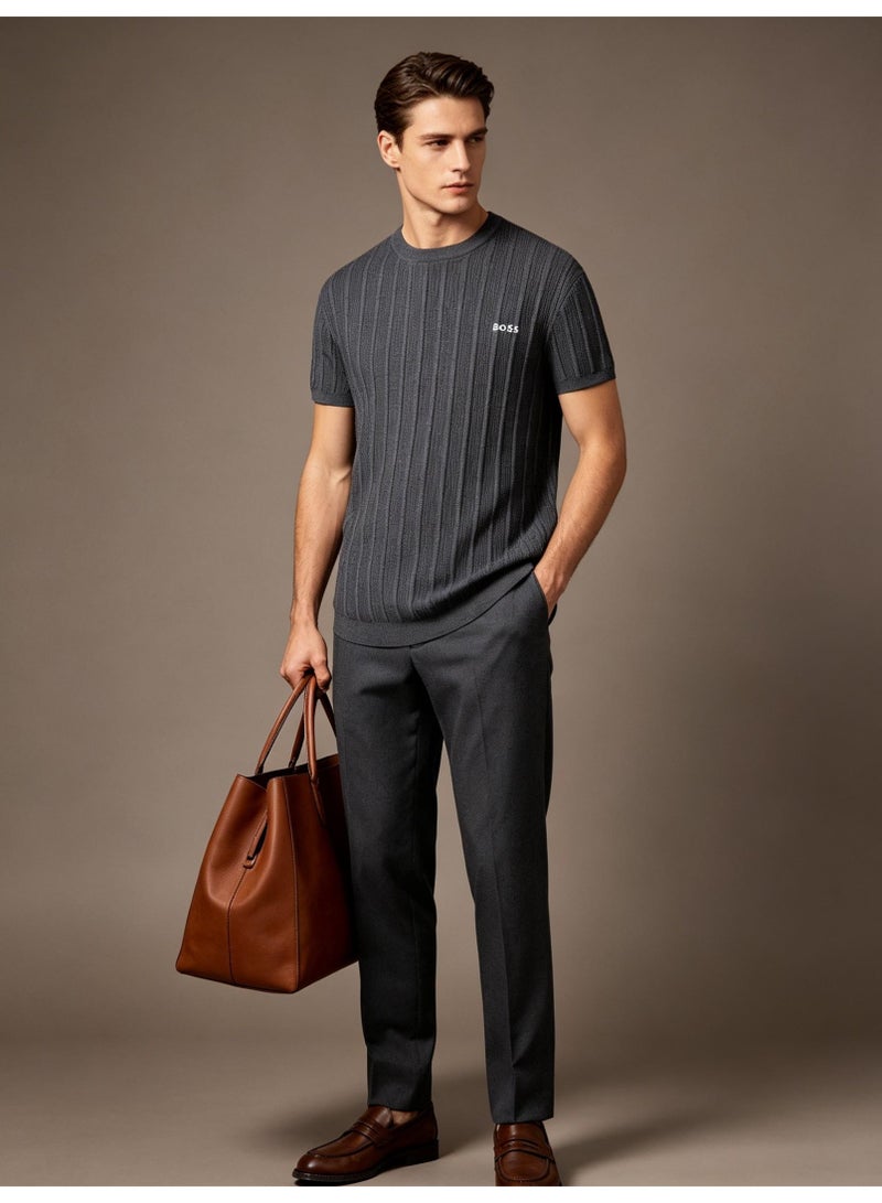 BOSS Unisex Short Sleeve Vertical Rib Knit Crew Neck T-Shirt, Dark Grey, Men's Women's Smart Casual Top - Image 5