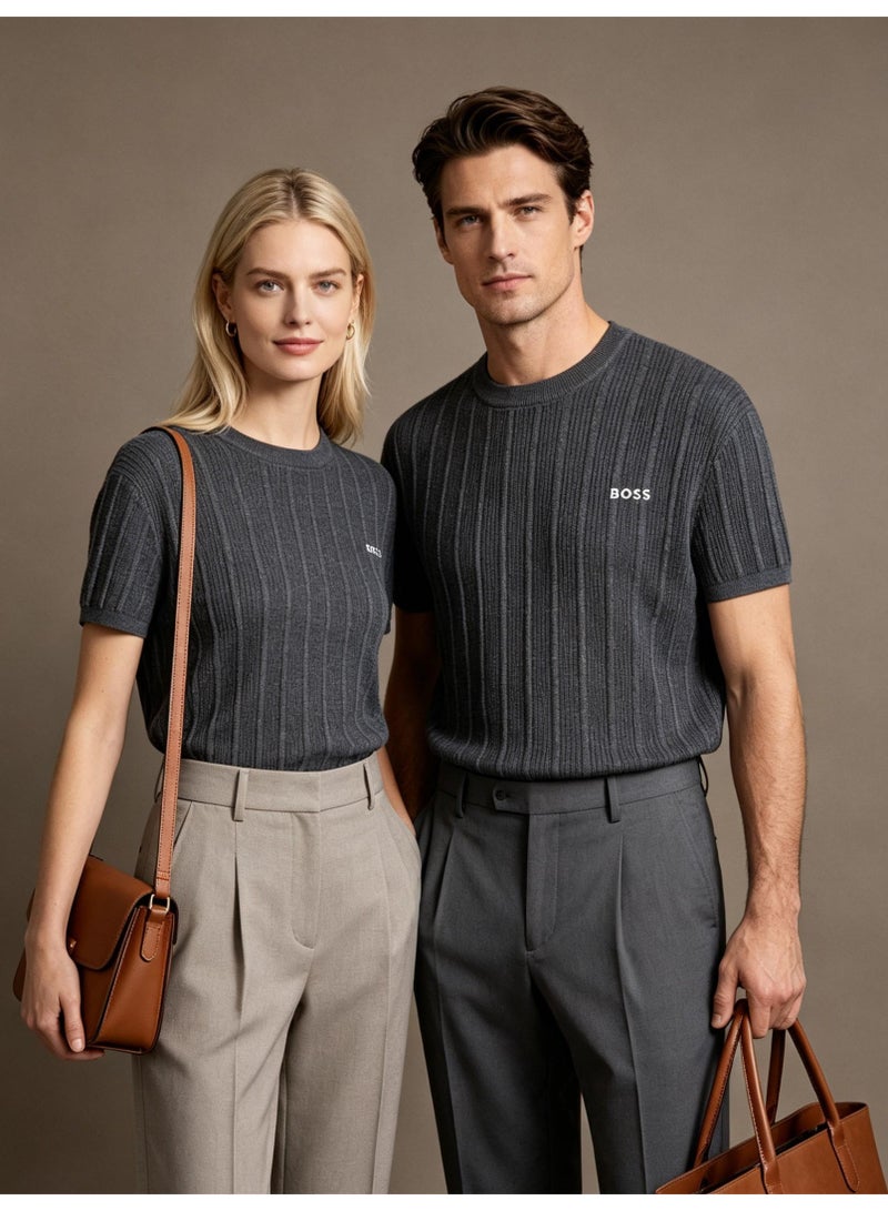 BOSS Unisex Short Sleeve Vertical Rib Knit Crew Neck T-Shirt, Dark Grey, Men's Women's Smart Casual Top - Image 1
