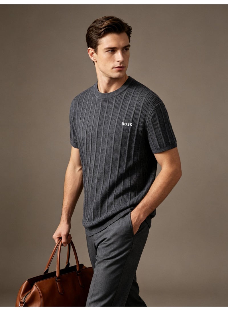 BOSS Unisex Short Sleeve Vertical Rib Knit Crew Neck T-Shirt, Dark Grey, Men's Women's Smart Casual Top - Image 4