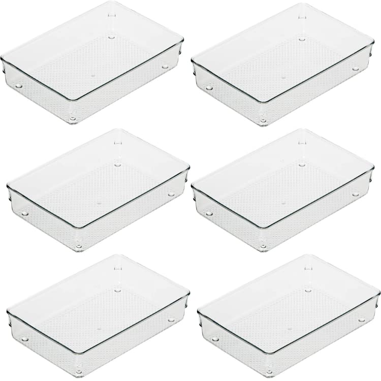 VIKIJO 4 Pcs Clear Plastic Drawer Organizers Versatile Acrylic Kitchen Drawer Organizer Stackable Bathroom Drawer Organizer Trays Storage Bins for Makeup Bathroom Kitchen and Office 96 X 64 - Image 1