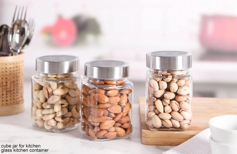 Brezzycloud Piraml Glass Cubical Square 300ml Transparent Glass Jars & Containers for Kitchen Pantry, Snacks, Jams, Pickles, Cookies, Dry Fruits, Coffee Beans Storage with Lid (300ml, Set Of 9) - Image 4