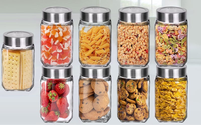 Brezzycloud Piraml Glass Cubical Square 300ml Transparent Glass Jars & Containers for Kitchen Pantry, Snacks, Jams, Pickles, Cookies, Dry Fruits, Coffee Beans Storage with Lid (300ml, Set Of 9) - Image 1