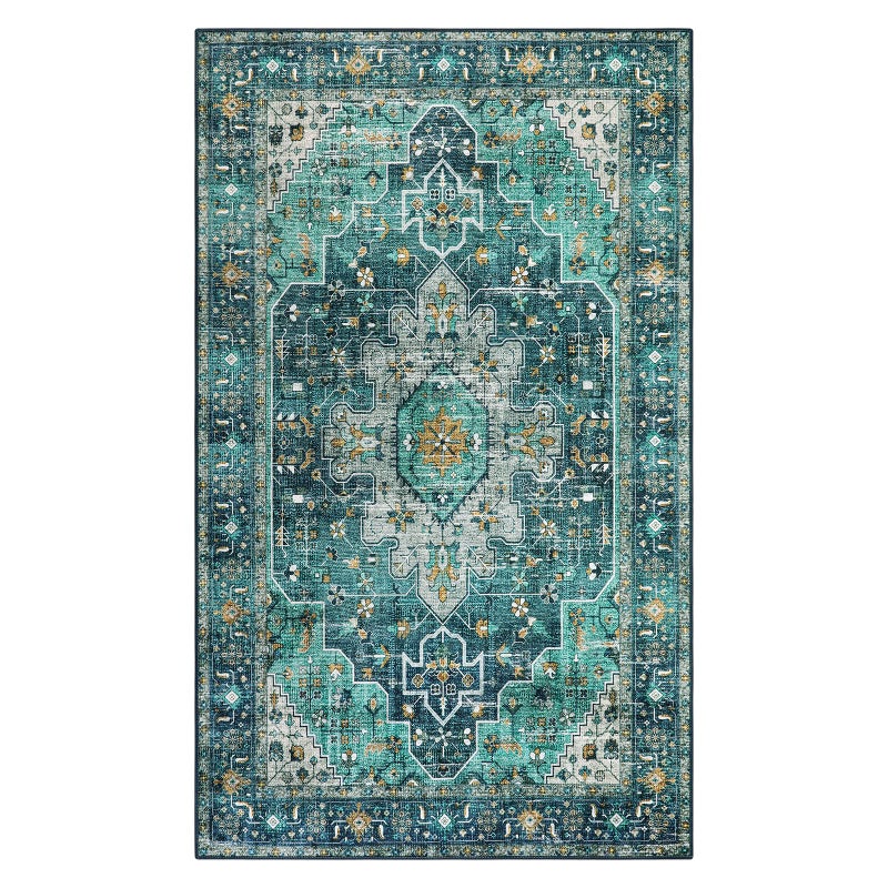 Moynesa Ultra-Thin Washable Vintage Area Rug - 3x5 Boho Entry Throw Rug Non-Slip Oriental Medallion Bedroom Mat Non-Shedding Indoor Floor Carpet for Living Laundry Room, Teal/Mutil - Image 1