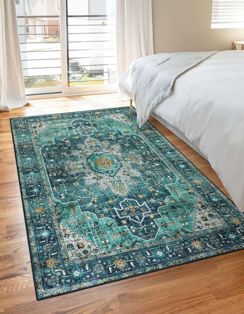 Moynesa Ultra-Thin Washable Vintage Area Rug - 3x5 Boho Entry Throw Rug Non-Slip Oriental Medallion Bedroom Mat Non-Shedding Indoor Floor Carpet for Living Laundry Room, Teal/Mutil - Image 5