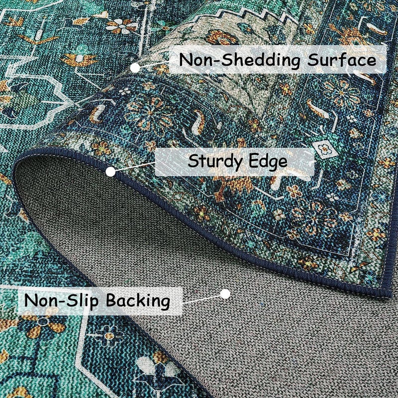 Moynesa Ultra-Thin Washable Vintage Area Rug - 3x5 Boho Entry Throw Rug Non-Slip Oriental Medallion Bedroom Mat Non-Shedding Indoor Floor Carpet for Living Laundry Room, Teal/Mutil - Image 2