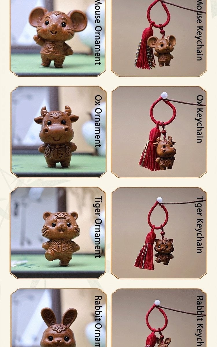 Cute Wood 12‑Zodiac Animal Keychain Pendant,Hand‑Carved Wooden Tassel Bag Charm Hanging Ornament Gift - Image 5
