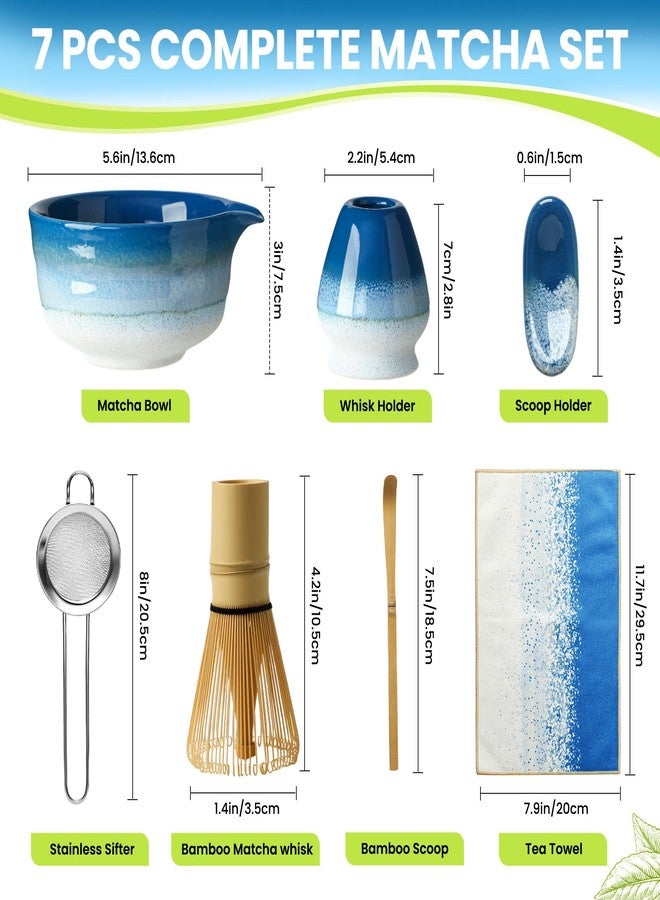 GBBG Matcha Whisk Set, Ceramic Matcha Kit Desert Style, Matcha Whisk and Bowl, Bamboo Scoop and Rest, Sifter and Tea Towel, 7 Pcs Gifts for Matcha Lover (Blue) - Image 5