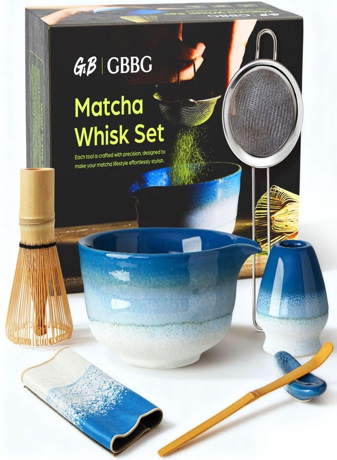 GBBG Matcha Whisk Set, Ceramic Matcha Kit Desert Style, Matcha Whisk and Bowl, Bamboo Scoop and Rest, Sifter and Tea Towel, 7 Pcs Gifts for Matcha Lover (Blue) - Image 1