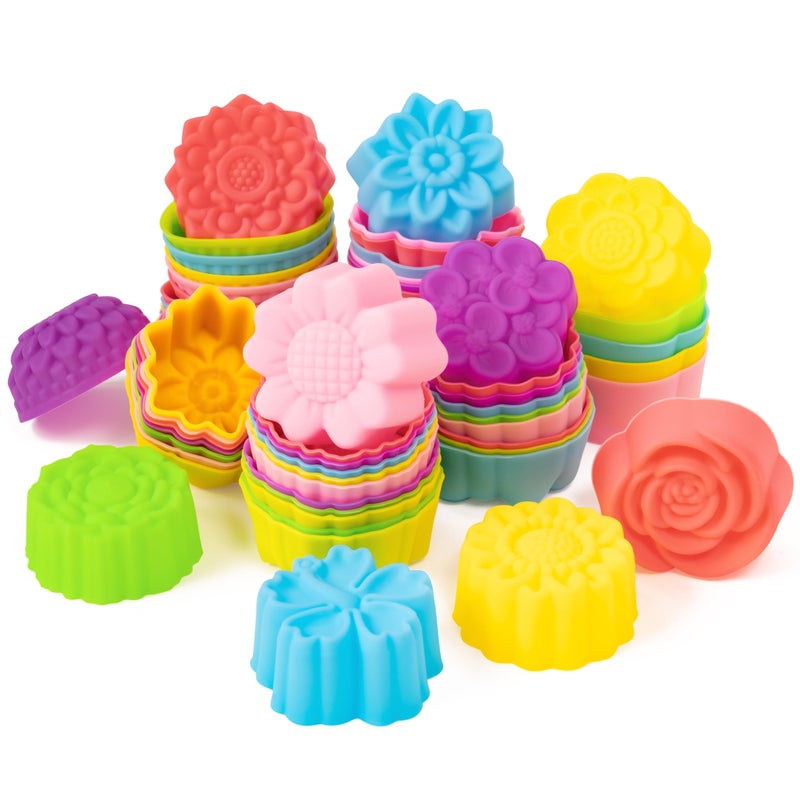 R HORSE Mini Silicone Cupcake Liners Molds - 60Pcs 2 Inch Muti-color Floral Shaped Baking Cups, Non-Stick Cupcake Holders Wrappers Reusable Muffin Cups Liners for Oven Pan Microwave Dishwasher - Image 1