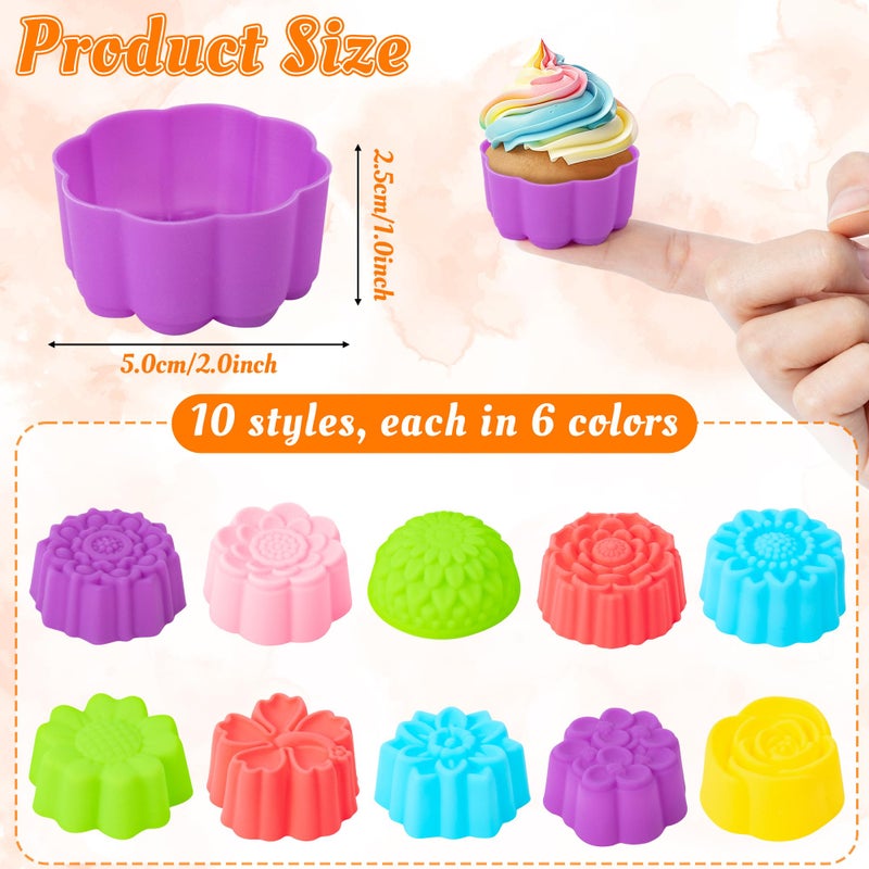 R HORSE Mini Silicone Cupcake Liners Molds - 60Pcs 2 Inch Muti-color Floral Shaped Baking Cups, Non-Stick Cupcake Holders Wrappers Reusable Muffin Cups Liners for Oven Pan Microwave Dishwasher - Image 2