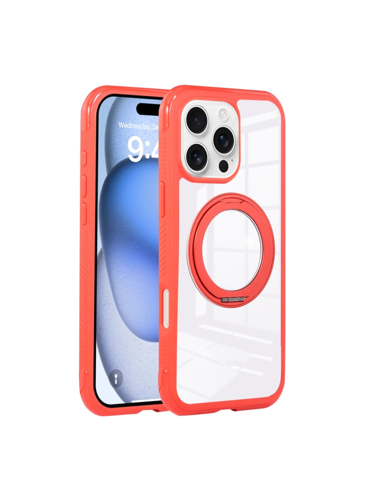 For iPhone 16 Pro Max Magnetic Case Stress Relief Kickstand TPU+PC Transparent Protective Phone Cover - Red - Image 1