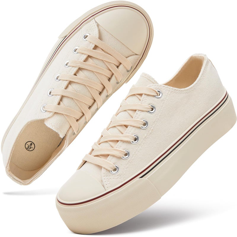 hash bubbie Platform Sneakers for Women White Platform Shoes Low Top Tennis Shoes Non Slip Black Fashion Canvas Sneakers(Beige.US10) - Image 1