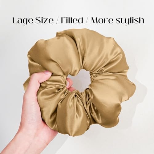 RR Design 22 Momme Mulberry Silk Pillow Scrunchie – Extra Large Soft Hair Tie for Women, Prevents Frizz & Breakage, Jumbo Sleeping Scrunchie-Handmade satin hair scrunchies (Champagne Gold Jumbo) - Image 5
