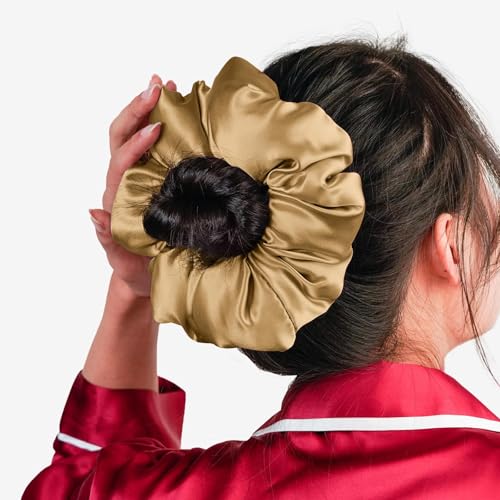 RR Design 22 Momme Mulberry Silk Pillow Scrunchie – Extra Large Soft Hair Tie for Women, Prevents Frizz & Breakage, Jumbo Sleeping Scrunchie-Handmade satin hair scrunchies (Champagne Gold Jumbo) - Image 2