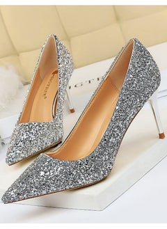 BIGTREE Women's Shiny Sequins Fashionable Stiletto Pumps 7 cm Elegant Gorgeous Closed Pointed Toe Slip On Solid High Heels Silver  - Image 1