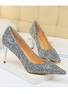 BIGTREE Women's Shiny Sequins Fashionable Stiletto Pumps 7 cm Elegant Gorgeous Closed Pointed Toe Slip On Solid High Heels Silver  - Image 2